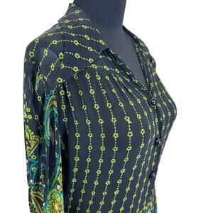 Vintage 70s Psychedelic Paisley Shirt Dress – Black, Green, Floral, M